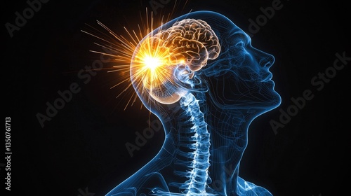 An X-ray image of a head with an orange, glowing energy spark in one ear, a blue glow around it, and a white line connecting to another person's neck on 