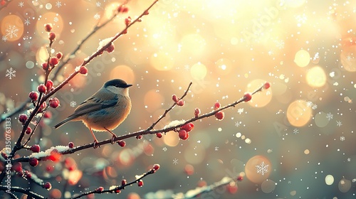 Award-winning high-definition macro photography, close-up of a bird on a plum blossom branch, snowflake background,Backlight.
