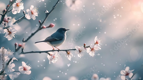 award-winning high-definition photography: a bird stands on a branch of blooming plum blossoms, macro photography, soft light and shadow, 4k high definition.