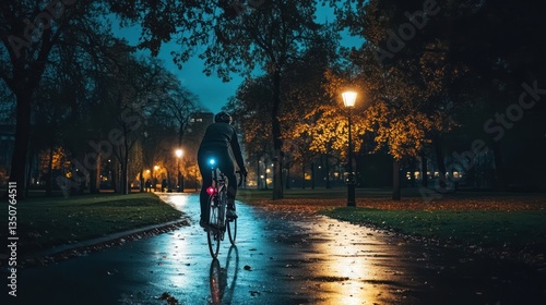 Cyclist riding at night in park.