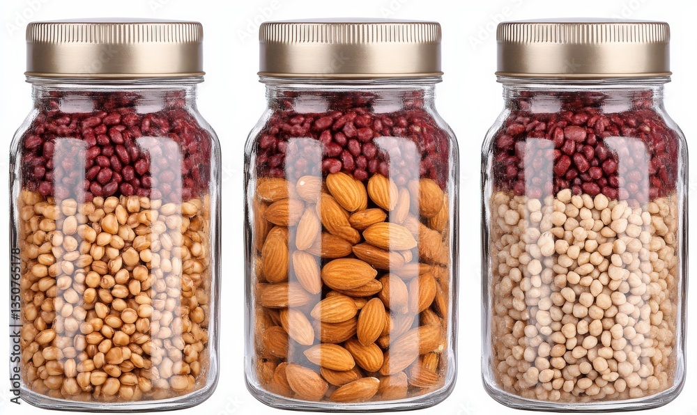 Aesthetic Display of Varied Nuts and Legumes in Glass Jars on White Background for Healthy Living and Culinary Inspiration Concept Aesthetic Display of Varied Nuts and Legumes in Glass Jars on White Background for Healthy Living and Culinary Inspiration Concept