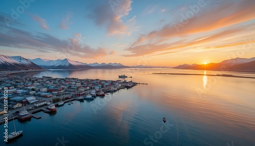 Aerial view of tranquil harbor with fishing boats and snowy mountains at sunset, Valdez, United States.