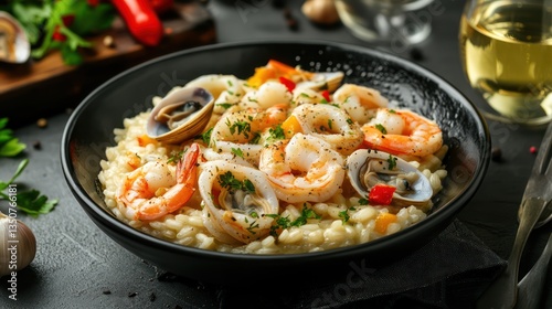Delicious seafood risotto with shrimp, clams, and squid in a black bowl.