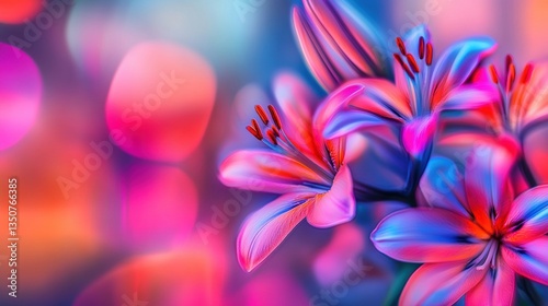 Colorful flowers bloom against a blurred, vivid background, showcasing vibrant hues and creating a lively, dreamlike ambiance
