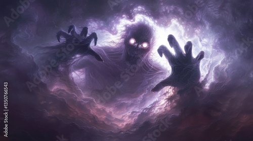 Monster with two hands reaching out of a cloud