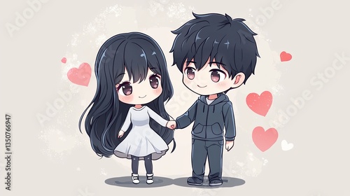 Chibi, moe, female character, male character, date look, love, lovers, female character being cute, street, female character holding male character's hand