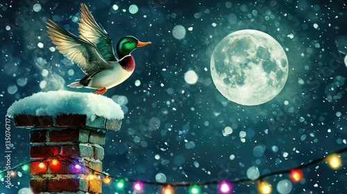 Christmas duck flying from a Smokey chimney on a full moon night, green, red, white, purple, orange, Christmas lights, snow, full moon