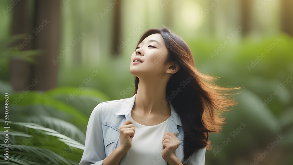 Relaxed woman enjoying fresh air surrounded by trees in a serene woodland scene Relaxed woman enjoying fresh air surrounded by trees in a serene woodland scene