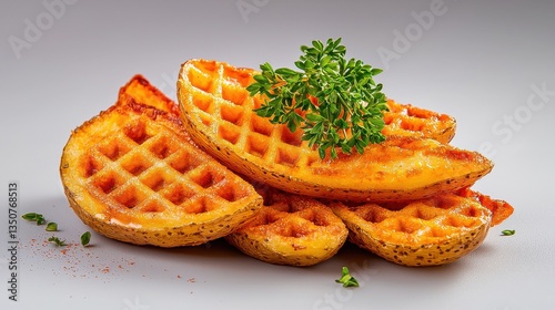 Indulge in a golden, crisp potato waffle, perfectly fried to a savory delight, ideal for breakfast or as a starchy side dish that celebrates this versatile vegetable.