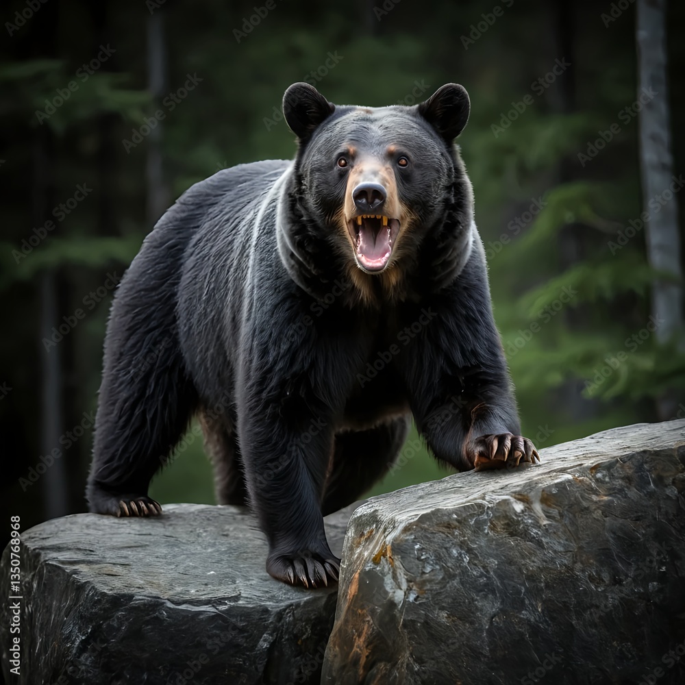 Fototapeta premium American Black Bear Roaring on Rocks