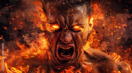 Man with a red face and a mouth open in flames
