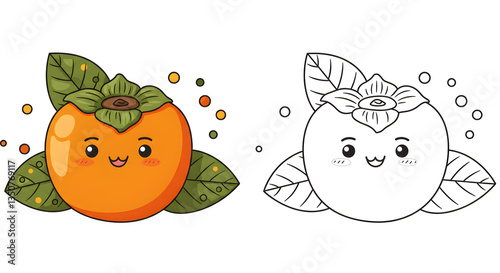 Adorable persimmon fruit character illustration for kids coloring book page
