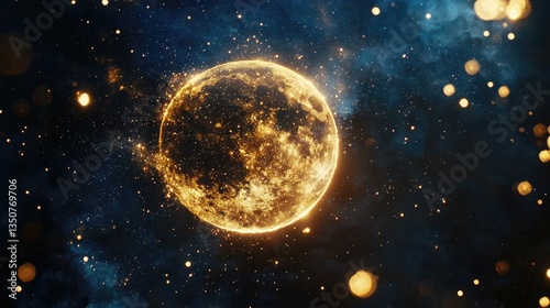 dark blue galaxy, gold full moon, vibrant color, a few bokeh, glowing, flare effects, glitter