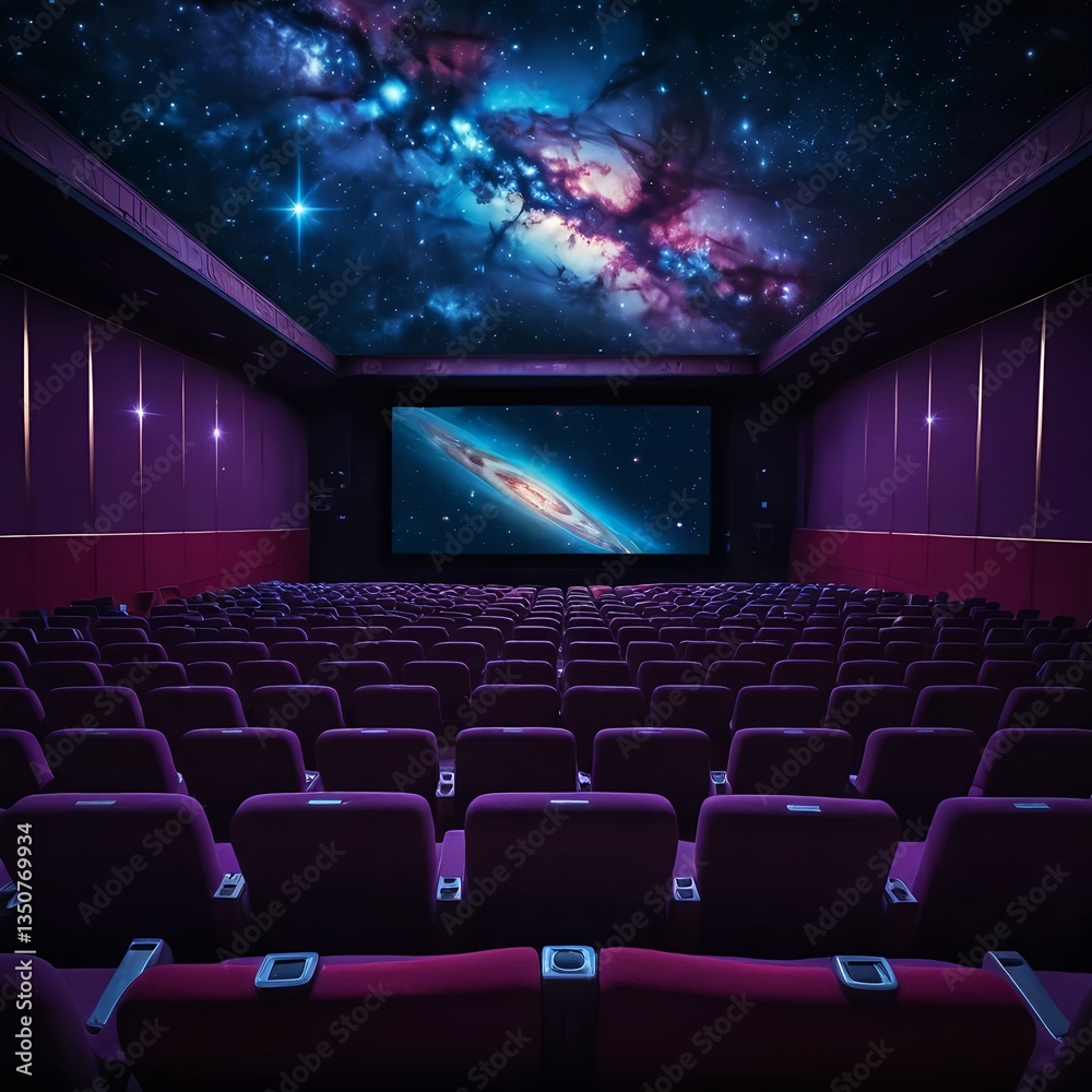 Fototapeta premium Empty Movie Theater Seats with Nebula-Themed Ceiling and Screen
