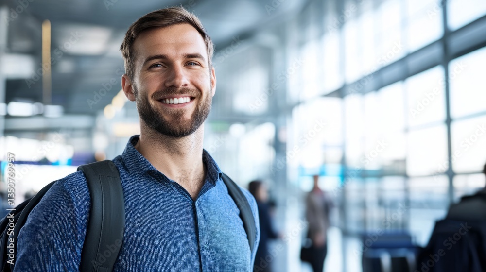 Confident man smiling in airport, exuding positivity and readiness for travel.
Confident man smiling in airport, exuding positivity and readiness for travel.