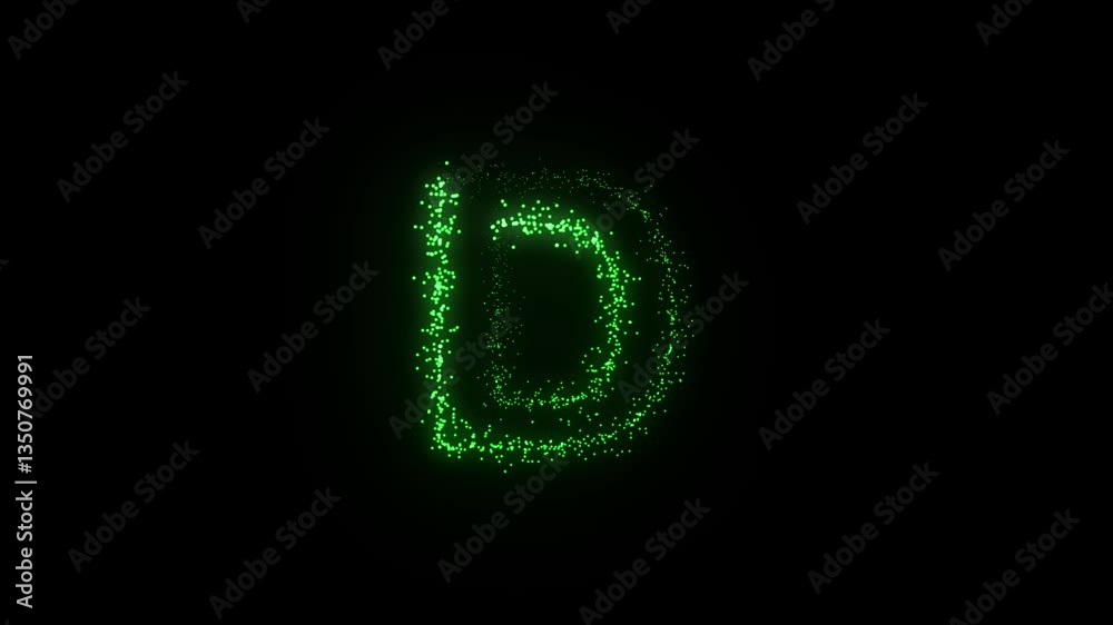 Glowing particle text animation forming the letter D in a seamless loop