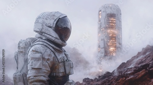 Fototapeta Naklejka Na Ścianę i Meble -  An astronaut observes an alien structure on an atmospheric planet surface