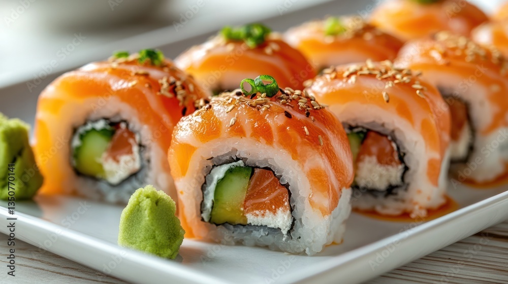 Plate of salmon sushi rolls on a white platter, with wasabi, in a restaurant Plate of salmon sushi rolls on a white platter, with wasabi, in a restaurant
