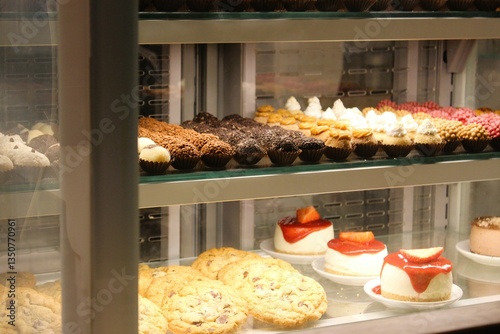 A variety of chocolates and baked goods in the showcase