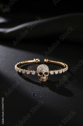 a close up of a gold skull bracelet with a diamond head