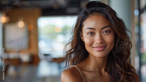 Free Download Woman with long hair is smiling and looking at the camera - GFXLoad