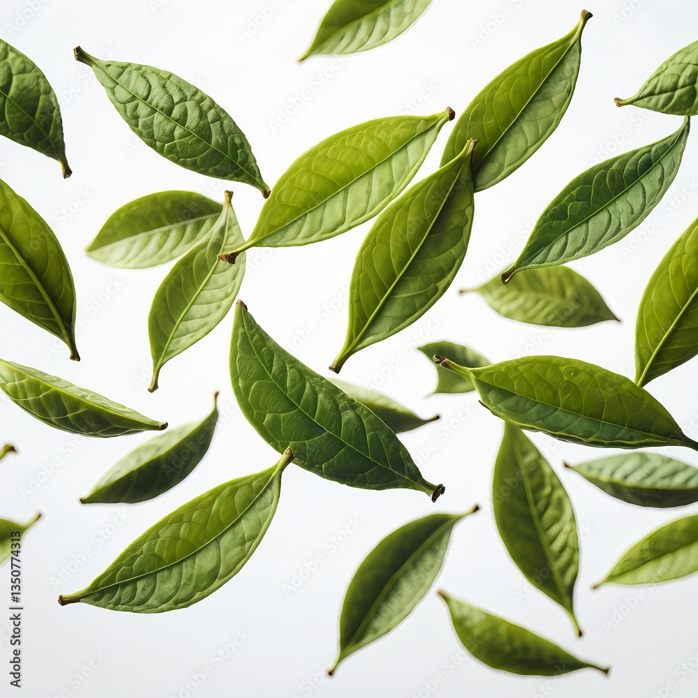 Obraz premium Green Leaves Falling on White Background