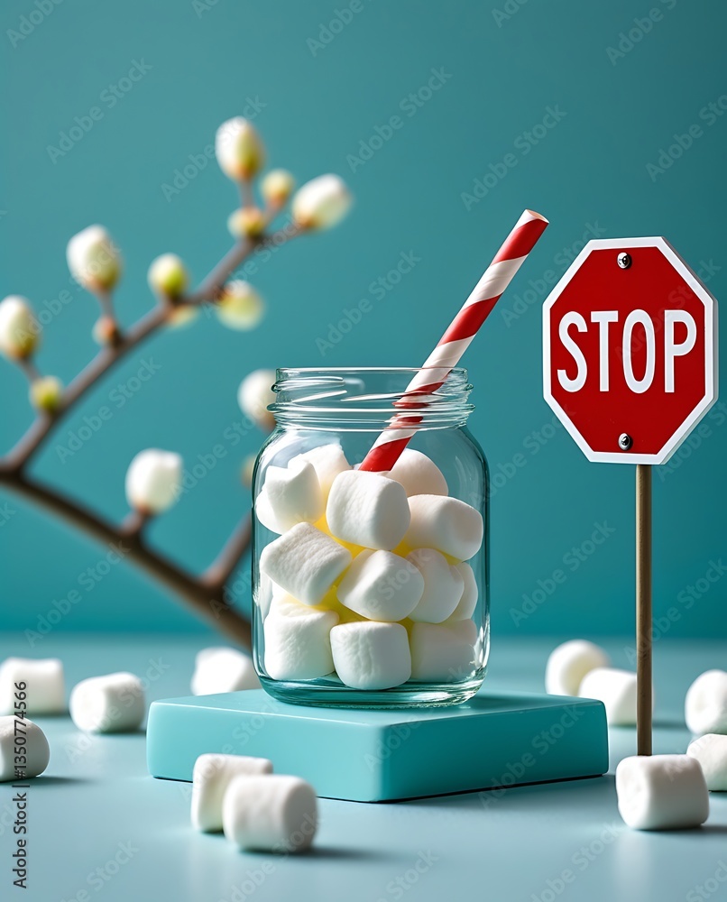Fototapeta premium Creative conceptual image with marshmallows in a glass jar, striped straws, and a stop sign, symbolizing sugar consumption, diet, restrictions, and health awareness on a pastel background