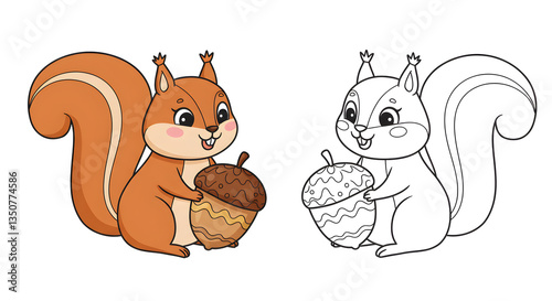 Adorable cartoon squirrel illustration in full color and outline versions