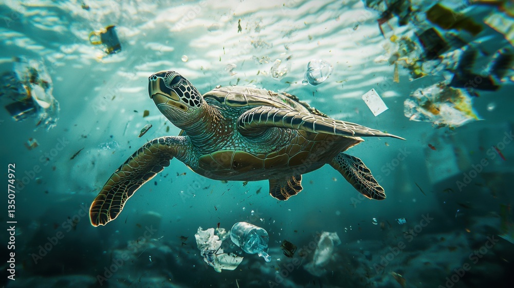 Fototapeta premium Underwater View of Marine Pollution Affecting Ocean Wildlife