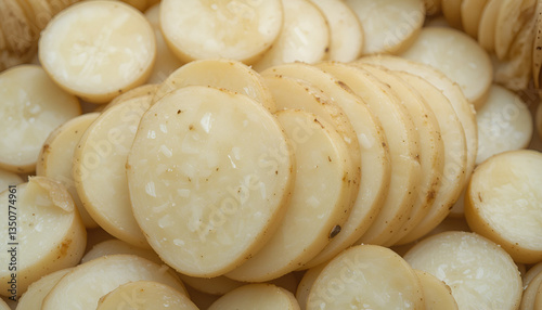 Realistic raw potato with clean-cut slices arranged neatly, ideal for healthy food packaging, restaurant menu designs, and farm-to-table marketing