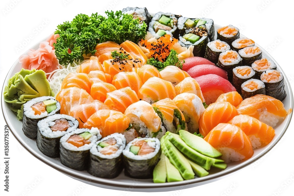 Sushi Platter, Salmon, Tuna, Avocado, and Maki Rolls Sushi Platter, Salmon, Tuna, Avocado, and Maki Rolls