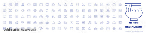 100 Restaurant Icons Collection. Thin line icon. Editable stroke. buffet, food stand, table, rest area, terrace, candle, wine, catering, dinning table, tableware, bar