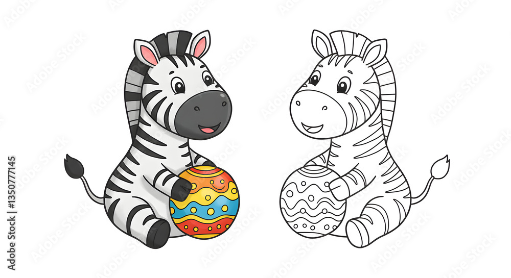 Obraz premium Playful zebra with decorated orb, cartoon coloring page with cute animal friend