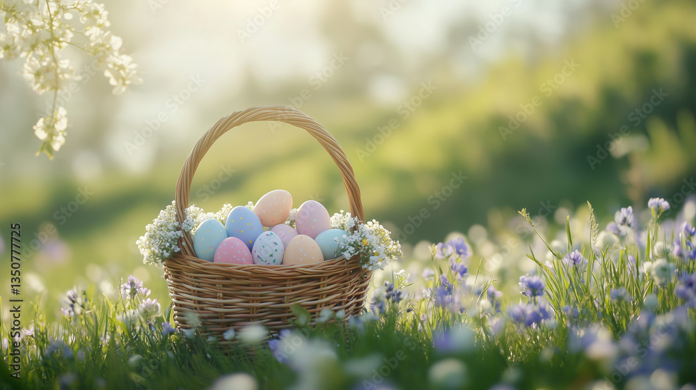 Pastel Easter eggs in a basket surrounded by spring flowers, symbolizing renewal and joy. Pastel Easter eggs in a basket surrounded by spring flowers, symbolizing renewal and joy.
