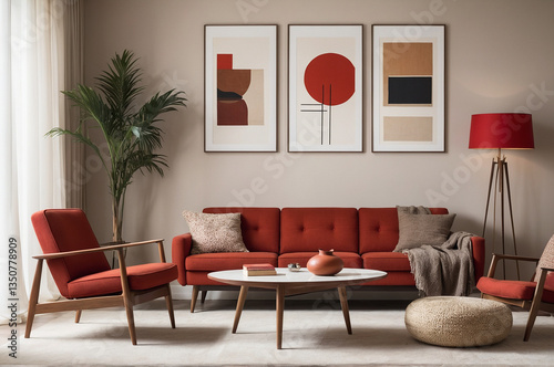 A stylish living room featuring red furniture, warm lighting, and minimalist decor, creating a cozy and chic ambiance. Perfect for relaxation and modern home inspiration.