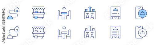 Restaurant icon set in two styles, Duotone and Thin Line style. Editable stroke. bar, restaurant menu, tracking, street food, food delivery, pub