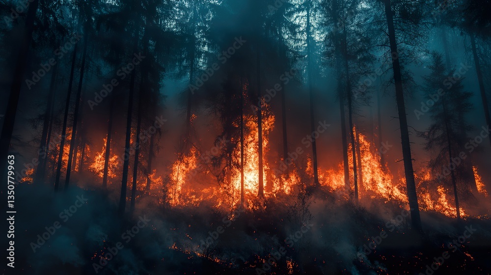 A dramatic photograph depicts a wildfire burning within a forest A dramatic photograph depicts a wildfire burning within a forest