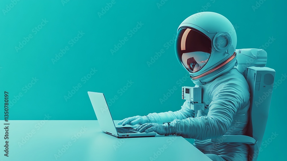 Astronaut Working on Laptop in Futuristic Office with Monochrome Teal Aesthetic
Astronaut Working on Laptop in Futuristic Office with Monochrome Teal Aesthetic