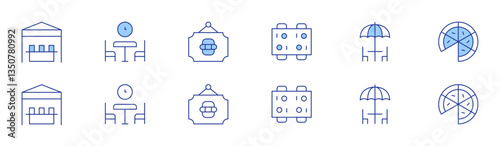Restaurant icon set in two styles, Duotone and Thin Line style. Editable stroke. food stand, dinning table, lunchtime, terrace, sign, pizza