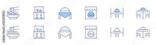 Restaurant icon set in two styles, Duotone and Thin Line style. Editable stroke. pad thai, pub, food tray, restaurant