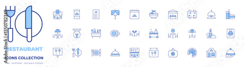 Restaurant icons collection. Line Duotone style, editable stroke. buffet, food stand, dinning table, dinner, lunchtime, plate, terrace, menu, sign, food tray, pizza