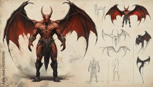 A fearsome demon character with large wings and prominent horns is illustrated