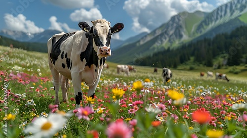 A serene landscape featuring a cow in a vibrant flower meadow with mountains in the background