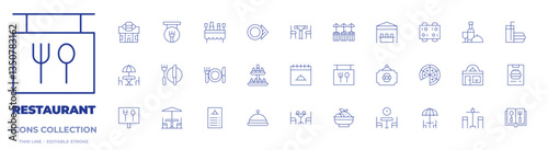 Restaurant icons collection. Thin Line icons, editable stroke. buffet, food stand, catering, dinning table, dinner, lunchtime, plate, terrace, menu, sign, pizza