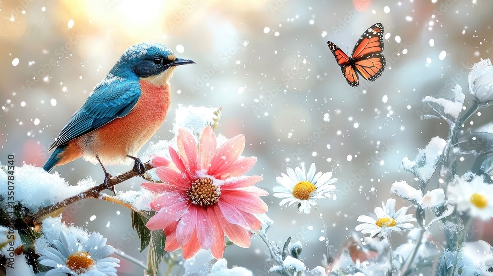 one colorful bird is on the left side of photo gripping the branch, two pink flowers with white daisies in front of it and butterfly sitting on top of flower, dog