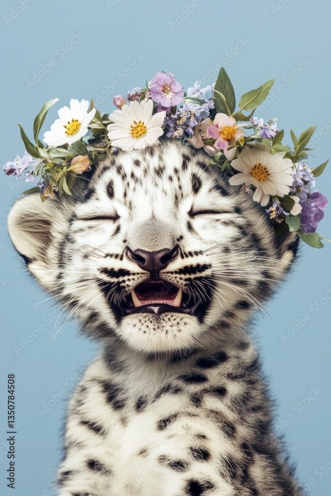 Fototapeta premium Cute baby animal snow leopard wearing primal flower circlet on its head - symbol of sunny vacation time. Isolated blue background, copy space, marketing idea concept art idea.
