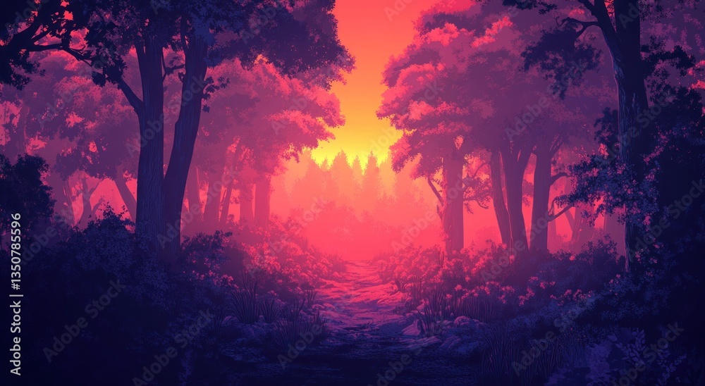 A vibrant path leads through a mysterious forest scene A vibrant path leads through a mysterious forest scene