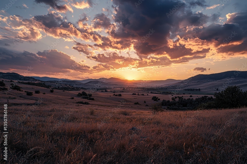 Obraz premium Vast open plains with patches of dry grass leading to distant mountains under a cloudy sky