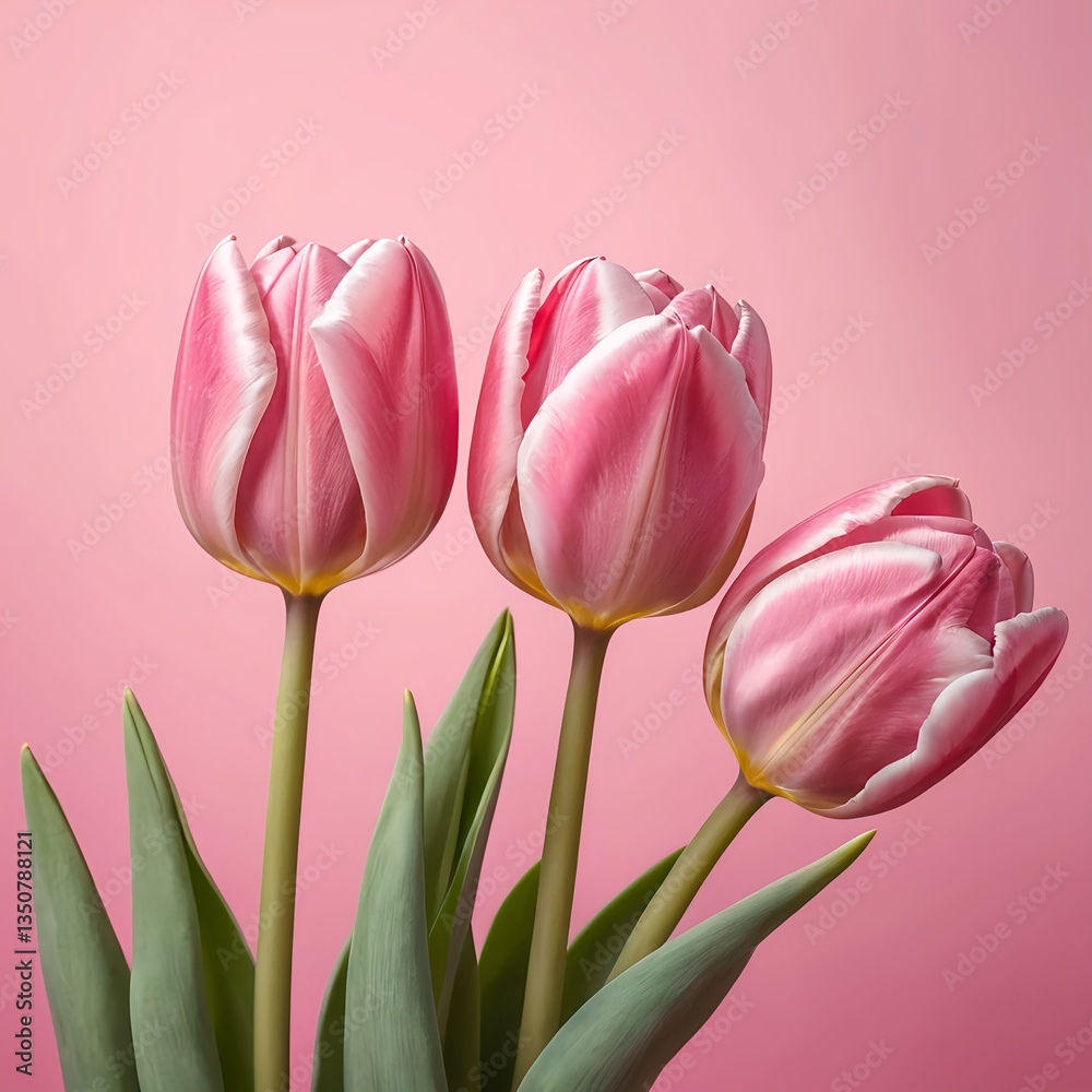 Fototapeta premium Three Pink Tulips on Pink Background
