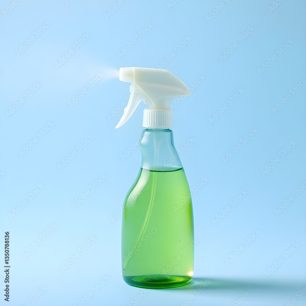 Spray bottle spraying cleaning liquid on light blue background Spray bottle spraying cleaning liquid on light blue background